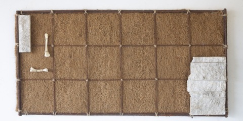 Grid, 2024, rusted steel, stone, bone, dried grass, 19x36 inched