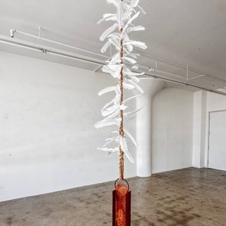 Stairway, 2024, rusted steel, rope, feathers, dimensions variable